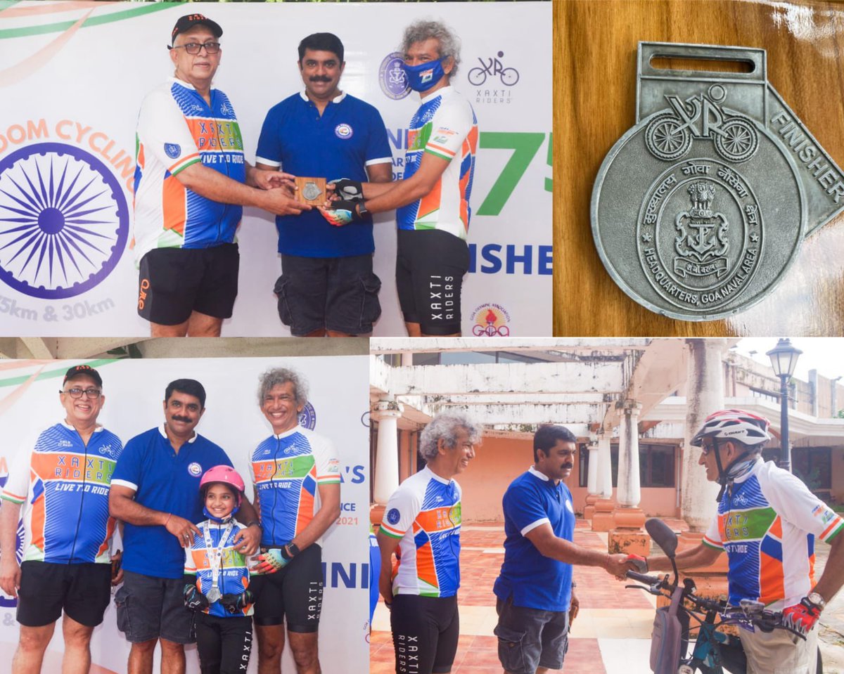 VijaiSardesai's tweet photo. At the culmination of the #FunFreedomCyclingRide organised by IndianNavy &amp; XaxtiRiders at Ravindra Bhavan.The enthusiasm of the riders vindicates my stand that the cycling velodrome should be located at Fatorda &amp;/or in Salcete. Happy to have met Adm Arun Prakash Ex Chief of Navy https://t.co/gNYCommIzj