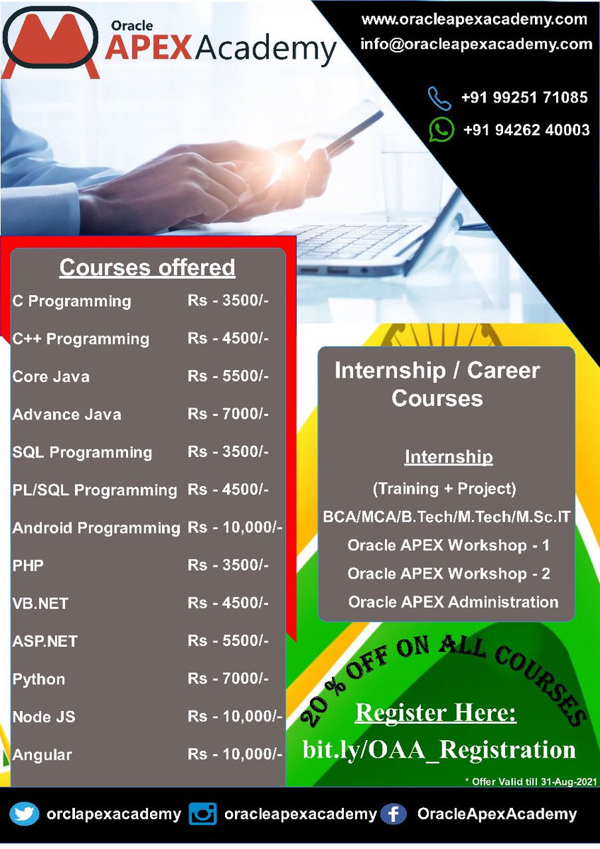 orclapexacademy's tweet image. Join 75th Independence Day Celebrations at OracleAPEXAcademy with 20 % Flat Discount Coupon (AUGUST2021)
For all course Details Visit our website: oracleapexacademy.com   
For Registration visit: bit.ly/OAA_Registrati…
Mail us your queries on : info@oracleapexacademy.com