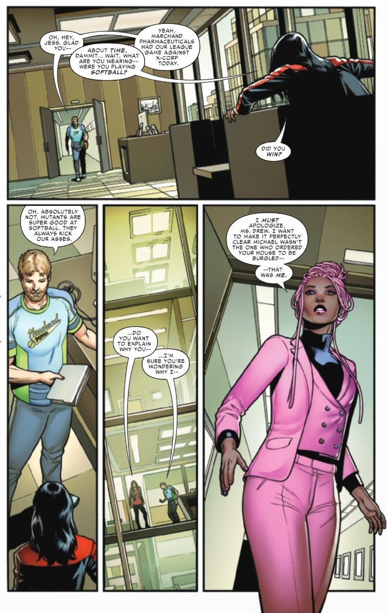 Spider-Woman Issue #14 has a LOT going on, including our introduction to Rose Roche, but I'm mostly still chuckling about putting in the X-Corp softball joke because I love @TiniHoward