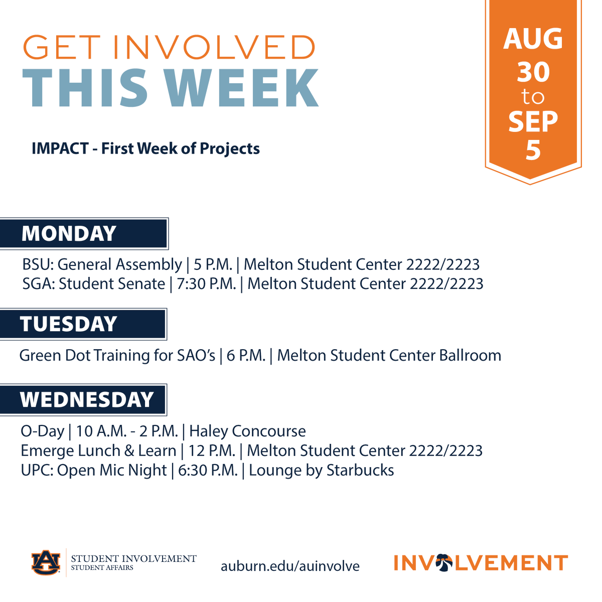 AUinvolve's tweet photo. Another week ahead with plenty of ways to get involved at @AuburnU. ➡️ Swipe to see the full list of this week's events. https://t.co/OHxkQe75s9