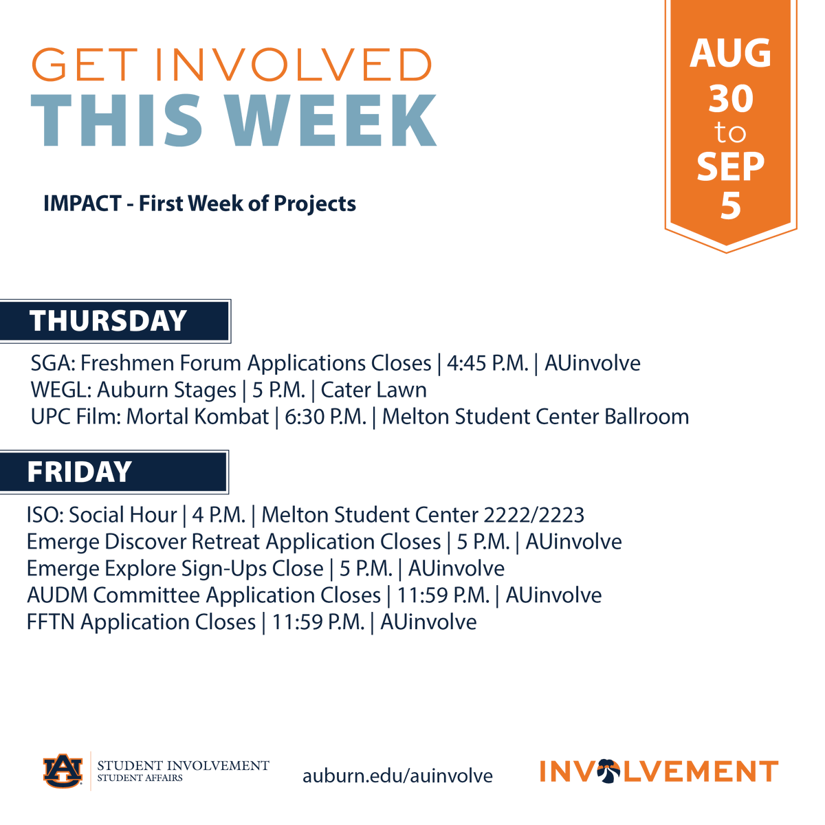 AUinvolve's tweet photo. Another week ahead with plenty of ways to get involved at @AuburnU. ➡️ Swipe to see the full list of this week's events. https://t.co/OHxkQe75s9