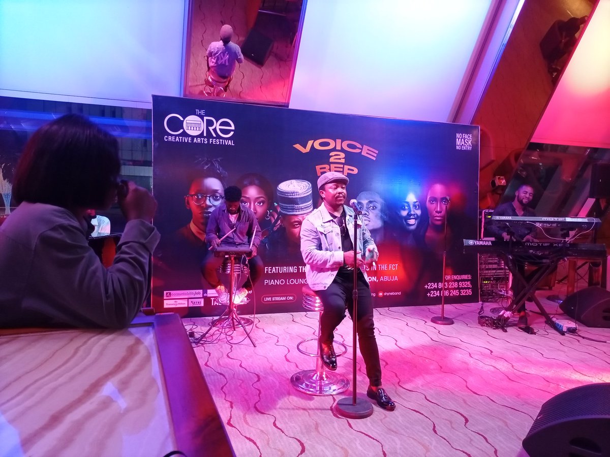 Voice2Rep's tweet photo. The #Voice2Rep concert is currently underway at Piano Lounge, @HiltonAbuja. Moderated by @Shojayofficial and featuring performances from the #GenWoke album promoting business integrity and human rights. Link to album: https://t.co/rkPNo9RsR3 https://t.co/QDsJUELurj