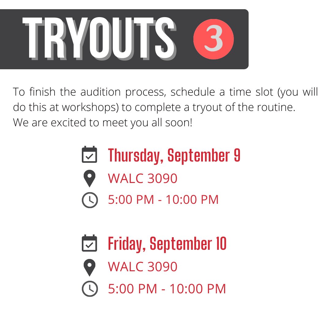 Happy end of Week 1! Here are the dates for our Callouts, Workshops, and Tryouts. All sessions for each respective event will cover the same information so you only need to attend one of each. No dance experience is necessary, anyone can try out!

We can't wait to meet you! -PR💛