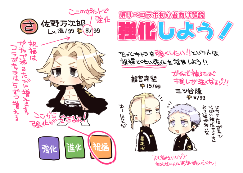 【東リベコラボ初心者向け解説】
もっとキャラを強くしたい人やもうちょっとで〇〇倒せそうなのに…!という方向け。字が汚いのは許して。誤字脱字あったらすみません。良きコラボライフを! 