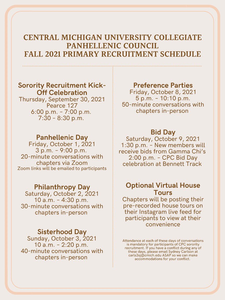 Central Michigan Panhellenic ✰ (@cmichpanhel) on Twitter photo Fall 2021 Recruitment Schedule! Use the link in our bio to sign up for recruitment 🤍 Go Greek! #cmugreeks #cmichpanhel <a href="/CMU_GREEKS/">CMU GREEKS</a> Fall 2021 Recruitment Schedule! Use the link in our bio to sign up for recruitment 🤍 Go Greek! #cmugreeks #cmichpanhel <a href="/CMU_GREEKS/">CMU GREEKS</a>