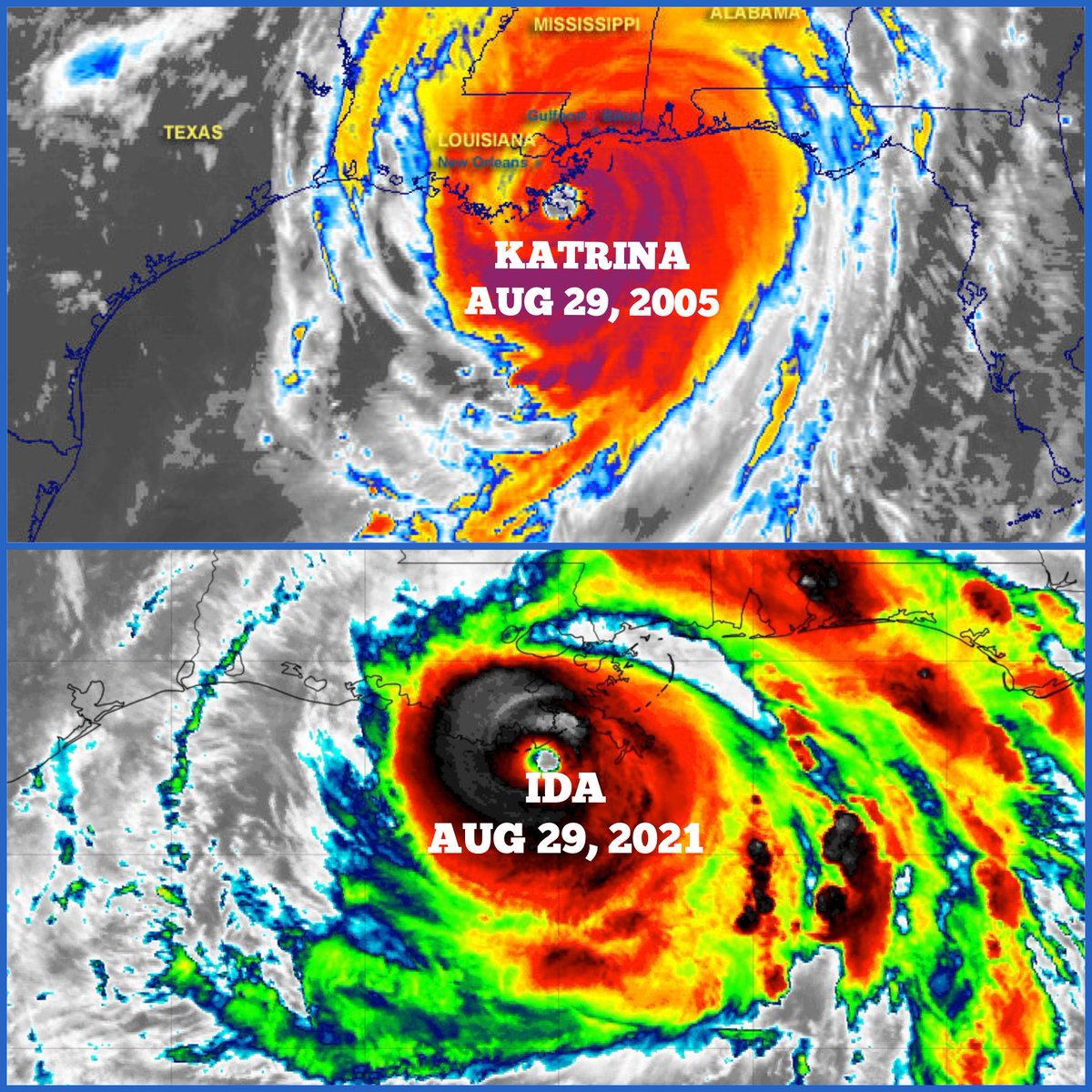 hurrtrackerapp's tweet image. Top image is #Katrina making landfall on this day 16 years ago and the bottom is #Ida on the cusp of landfall. #Ida is 25 mph stronger in terms of wind speed. History trying to repeat itself today. Prayers for everyone affected by #Ida this week.