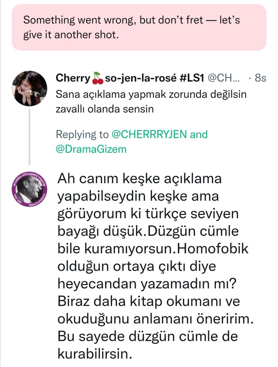 eskiwellu's tweet photo. @CHERRRYJEN @DramaGizem ahh türkçenin kötü olduğunu belli etmek istemiyorsun, yazık canım ya kıyamam. Tamam tamam dalga geçmeyeceğim. https://t.co/nAYDbs8lmy