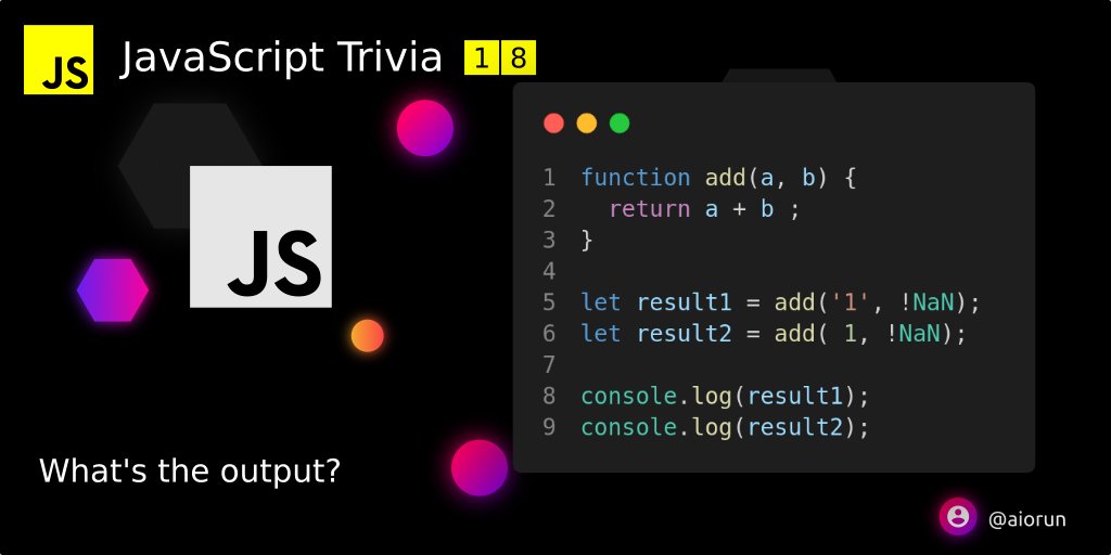 aiorun's tweet image. โฐ ๐ JavaScript Trivia - 18 ๐โณ
๐ง Let's have some fun with NaN
๐ฅ๏ธ What's the output logged into the console? ๐ค
๐ Follow, subscribe for daily JavaScript trivia
#JavaScriptTrivia #JSTrivia