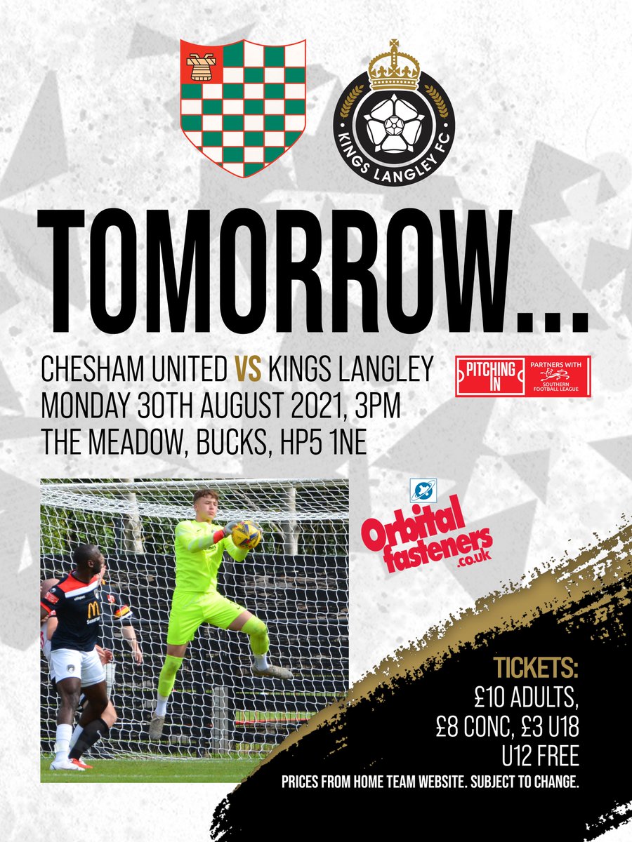 KLFCofficial's tweet image. TOMORROW!
Bank Holiday Monday Derby Day Football! 
Forget a disappointing BBQ! Travel the short distance to watch the Kings tomorrow instead! 
👑Away at @cheshamutdfc
📅Mon 30th Aug
⏲️3pm KO
🏟️ The Meadow, HP5 1NE
🎟️ £10 Ad, £8 Con, £3 U18, FREE U12 *
* From Chesham website, STC