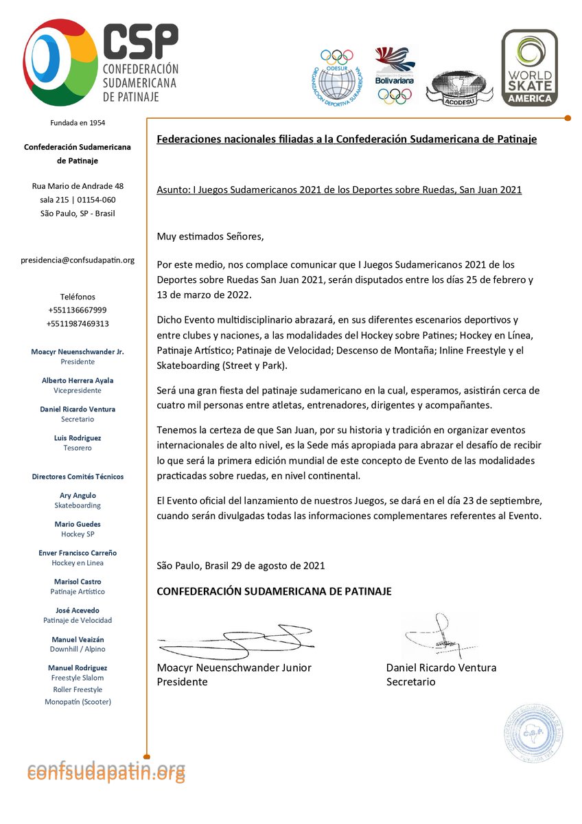 Por este medio, nos complace comunicar que I Juegos Sudamericanos 2021 de los Deportes sobre Ruedas San Juan 2021, serán disputados entre los días 25 de febrero y 13 de marzo de 2022.

cbhp.com.br/site/jogos-sul…
