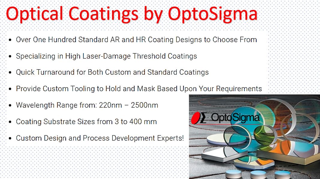 For your optical coatings need, please consider OptoSigma.  Over 100's standard AR and HR coatings to choose from.

optosigma.com/us_en/quote-re…

#opticalcoating #silvercoating #goldcoating #dieletriccoating #OptoSigma #lenses