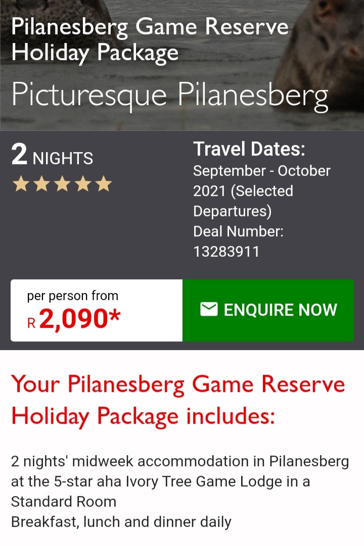 ClubMedandMore's tweet photo. 2 nights' midweek accommodation in Pilanesberg at the 5-star aha Ivory Tree Game Lodge in a Standard Room

Breakfast, lunch and dinner daily https://t.co/CXU7ulQpAD