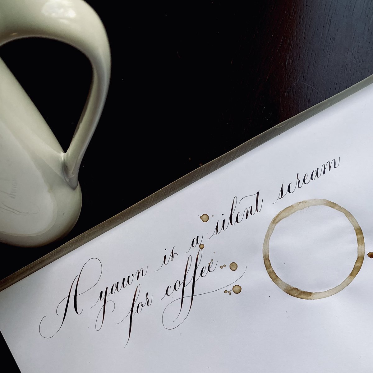 AMacbain1's tweet photo. It’s one of those days where nothing is quite working out as planned. It’s still early…coffee can only help at this point. I wish I could sit at my desk and play with ink and paint all day. #needcoffee #walnutink #calligraphy #calligraphypractice #pointedpen #calligraphynerd https://t.co/pHbk5HVwh5