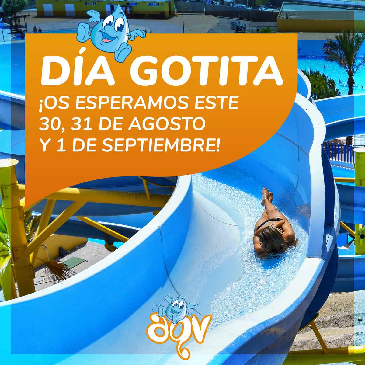 ¡NUEVO DÍA GOTITA!💧💙 Corre a nuestra web💻 y compra tus entradas a 12,50€ para venir y disfrutar este 30,31 de agosto o el 1 de septiembre.📅💥 ¡Te esperamos! aquavera.com/entradas/