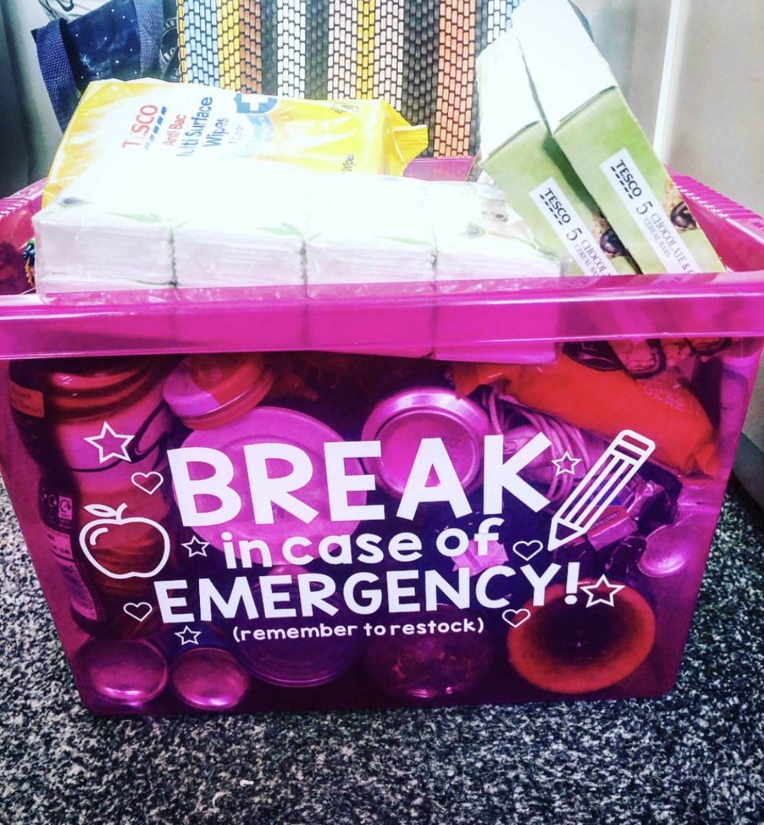 missgeog92's tweet photo. Since my NQT year Ive had an emergency box. In my cupboard I have a stash locked away of things I’d need if I forgot lunch/had a parents Eve/ have to stay late/ general supplies/emergency biscuits if someone had a bad day. 
Got to do my restock tomorrow (here’s last years) https://t.co/UFxqElmaYG