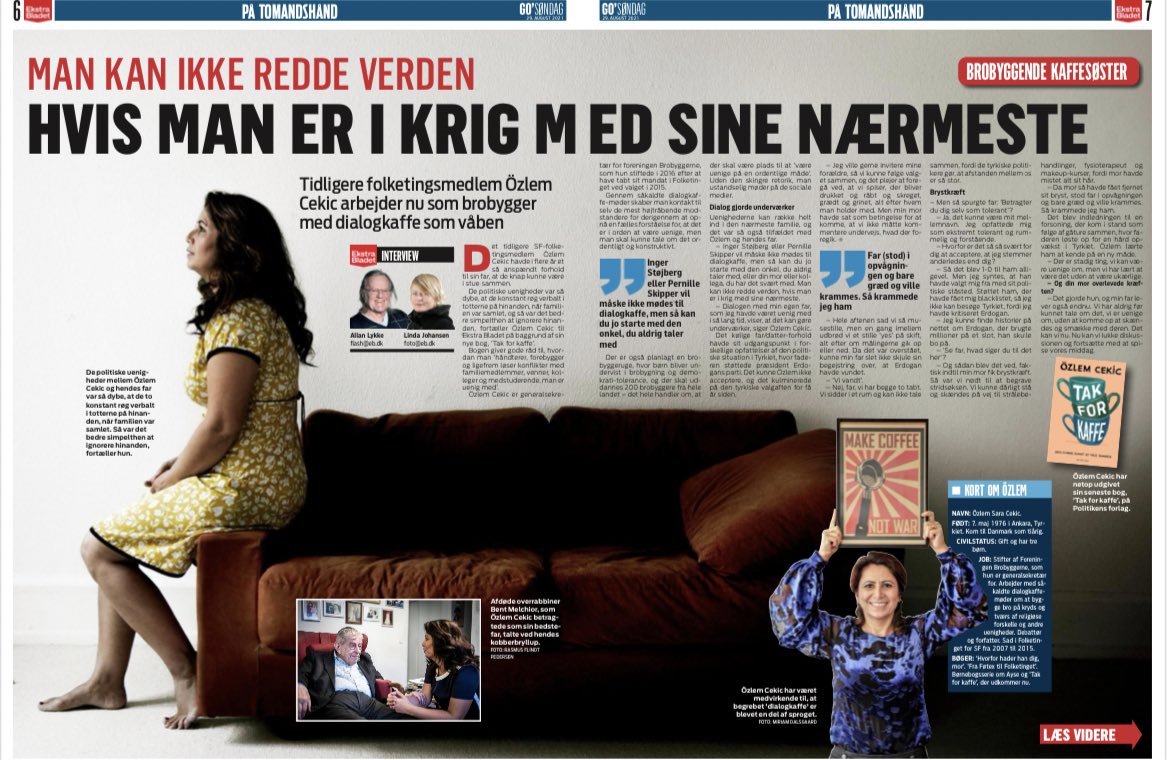 cekicozlem's tweet photo. Min far spurgte mig for mange år siden, om jeg var tolerant. Ja, svarede jeg. Det kunne være mit mellemnavn. Men jeg var alt andet. Fortæller i @EkstraBladet hvordan følelserne udfordrer #dialogen i nærerelationer med udgangspunkt i min bog nye bog #TakForKaffe #dkpol @PolForlag https://t.co/r8sbZTNDU1