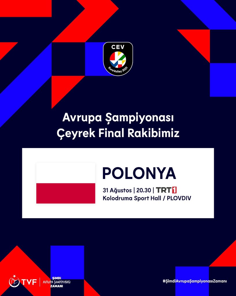 Avrupa Şampiyonası Çeyrek Finali’nde, 31 Ağustos Salı saat 20.30’da Polonya ile karşılaşıyoruz!💪🏻🇹🇷 Karşılaşma <a href="/trt/">TRT</a> ‘den naklen yayınlanacak.📺

#ŞimdiAvrupaŞampiyonasıZamanı
#ŞimdiVoleybolZamanı
#BizVoleybolÜlkesiyiz
#EuroVolleyW
