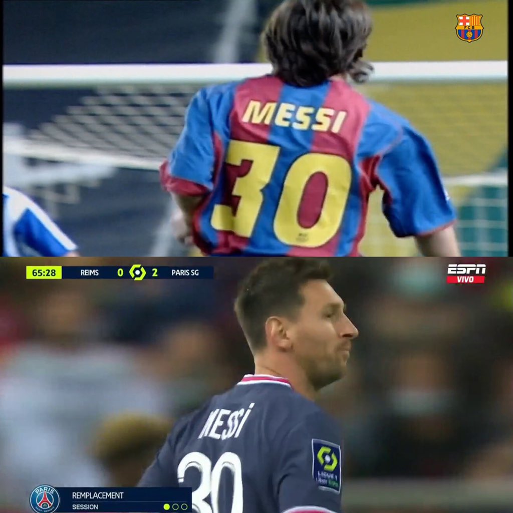 Messi debuta en su segundo club y también ingresa desde el banco. Con Barcelona fue el 16 de octubre de 2004, vs Espanyol. 

17 años después debuta en el PSG, 29 de agosto de 2021, vs Reims. Ambos con el número 30. 

Nueva era.