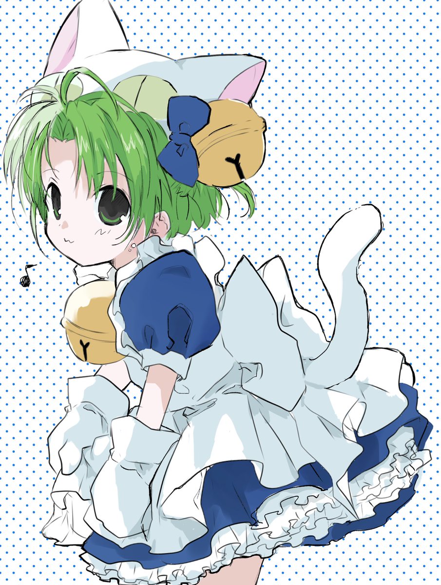 1girl solo bell cat hat green hair tail hat  illustration images