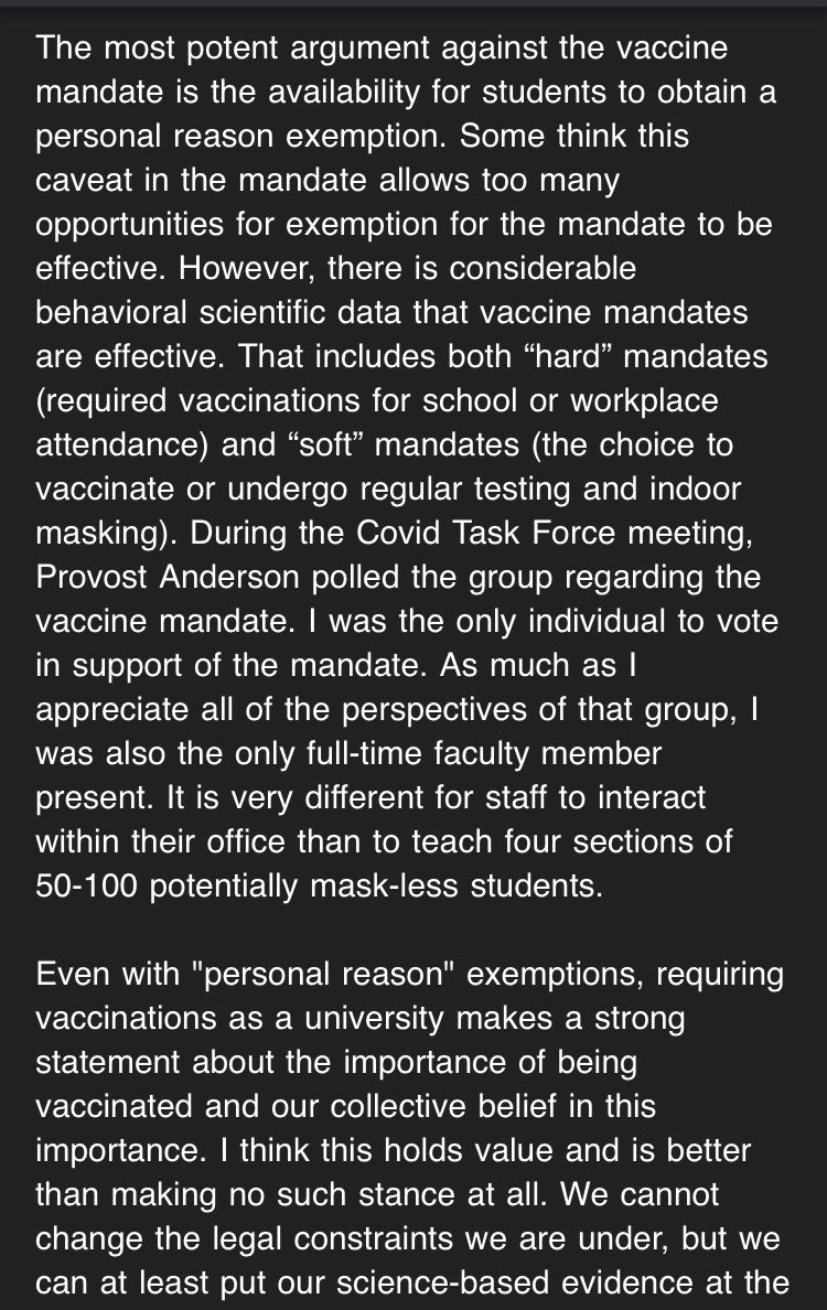 AftSuu's tweet photo. We would like to thank FS President Gardner-Reeves for this thoughtful note. We stand in support of the Faculty Senate in asking the @SUUtbirds to follow our USHE colleagues in enforcing a vaccine mandate at #SUU. 
Keep #tbirdnation safe. https://t.co/SuHH7syiZn
