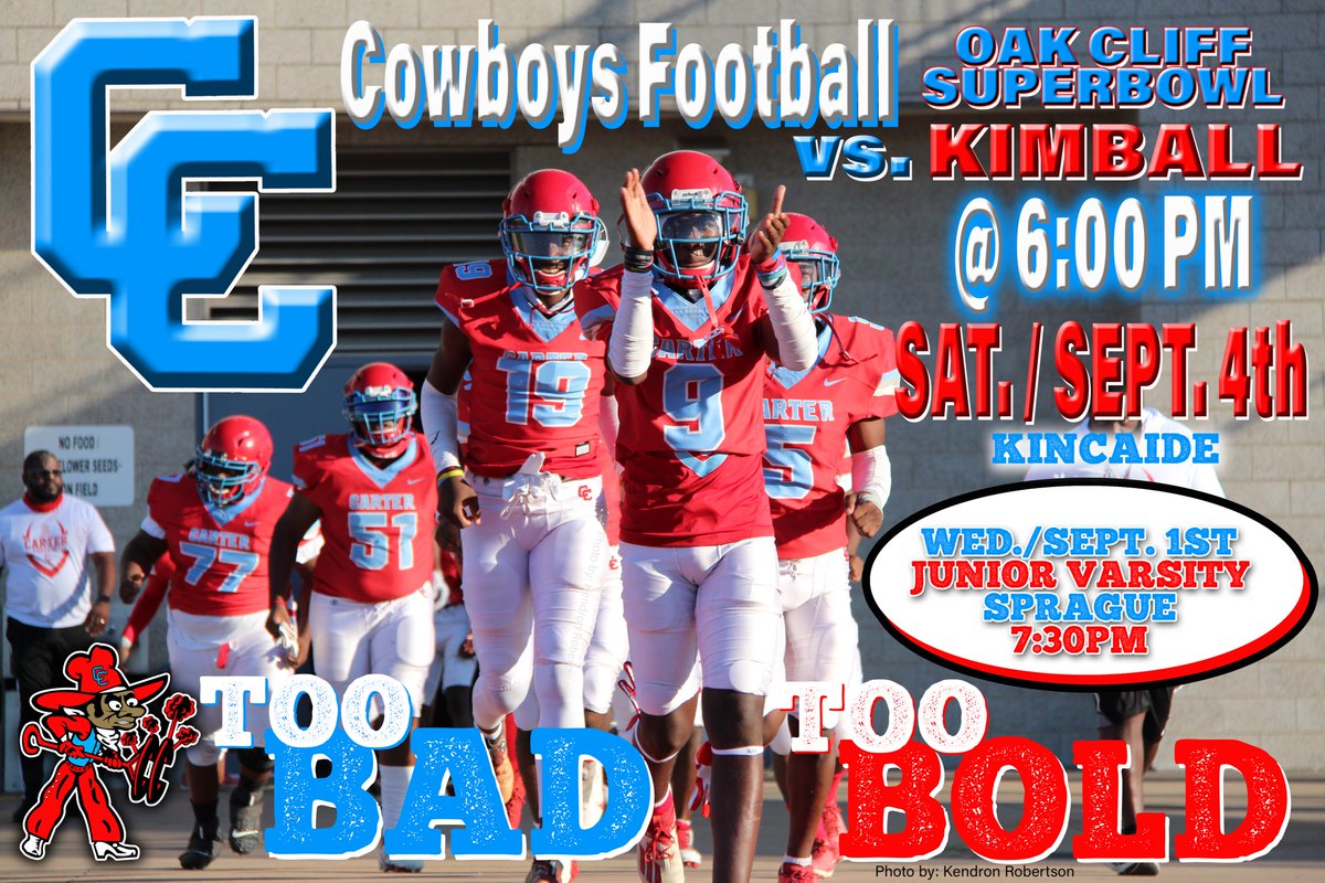 DWCAthletics's tweet photo. The OAK CLIFF SUPER BOWL is here!!!!!!
Dallas Carter vs. Dallas Kimball🏈🏆🥇
@dallasathletics 
@DALLASCARTERFB 
#TooBadTooBold https://t.co/RkrLq49j39