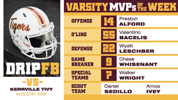 DripFB's tweet photo. #DRIPFB Varsity MVPs of the week VS Tivy #TPD #AMBUSH #GoTigers https://t.co/K4ursh4Q7x