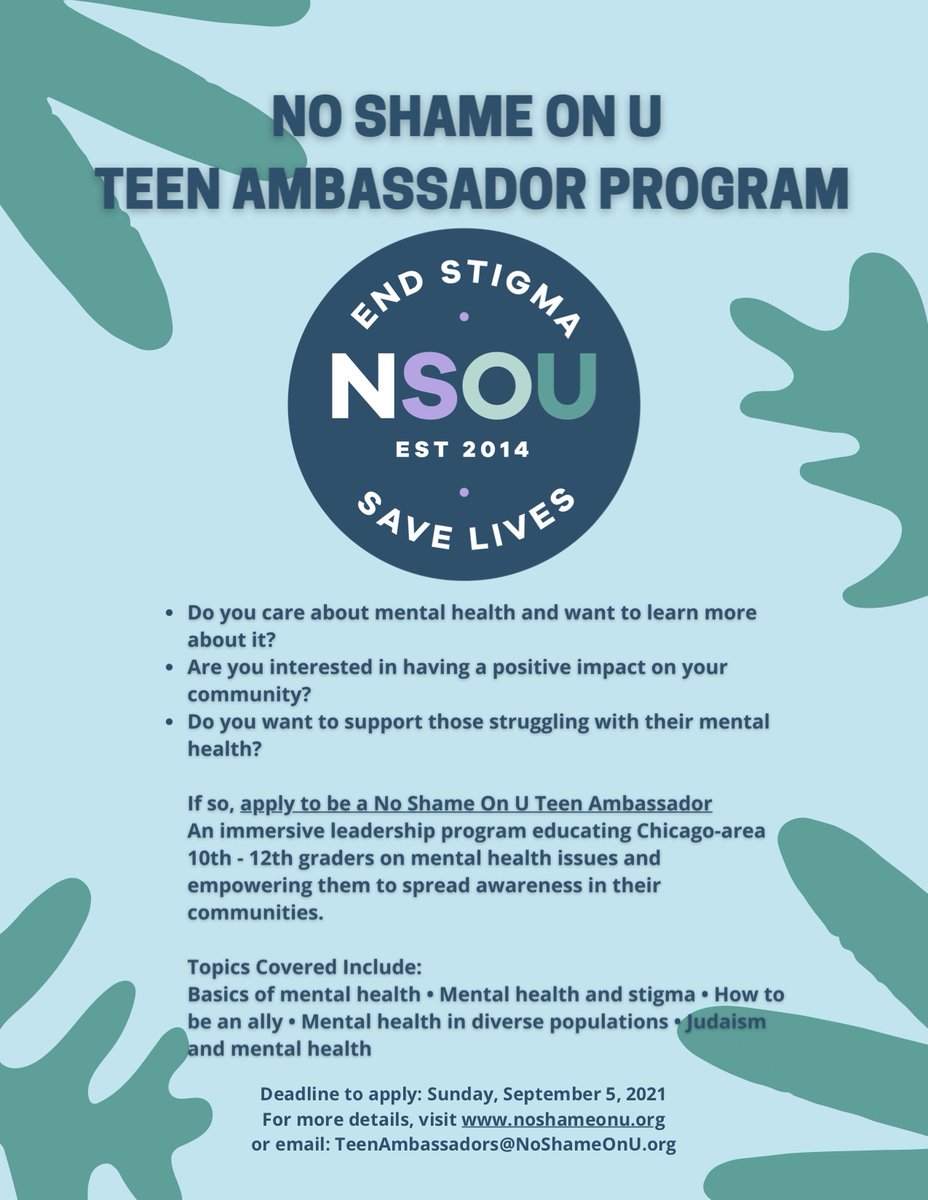 No Shame On U now accepting applications for the Teen Ambassador Program.  If you know a 10th-12th grader interested in destigmatizing mental health conditions, this program is for them!
Deadline to apply is Sep 5. noshameonu.org/teen-ambassador #mentalhealth #mentalhealthawareness
