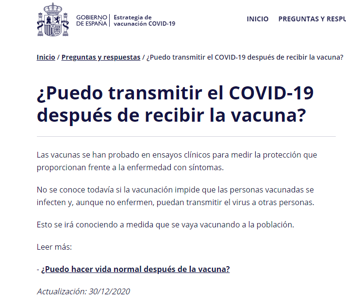 ccarballo50's tweet photo. ¿Puedo contagiar el COVID si estoy vacunado?
Esta es la respuesta del ministerio
@sanidadgob en su página web de preguntas frecuentes.

Última actualización 30/12/2020..así nos va.

Y así,puedes aconsejar que los niños vacunados no hagan cuarentena. 
Qué poca vergüenza.
#COVID19 https://t.co/9aA8CedSyc