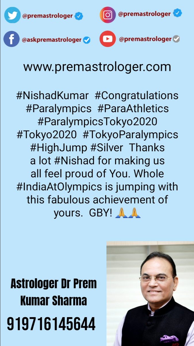 #NishadKumar 
#Congratulations 
#Paralympics 
#ParaAthletics 
#ParalympicsTokyo2020 
#Tokyo2020 
#TokyoParalympics 
#HighJump
#Silver 
Thanks a lot #Nishad for making us all feel proud of You. Whole #IndiaAtOlympics is jumping with this fabulous achievement of yours. 
GBY!
🙏🙏
