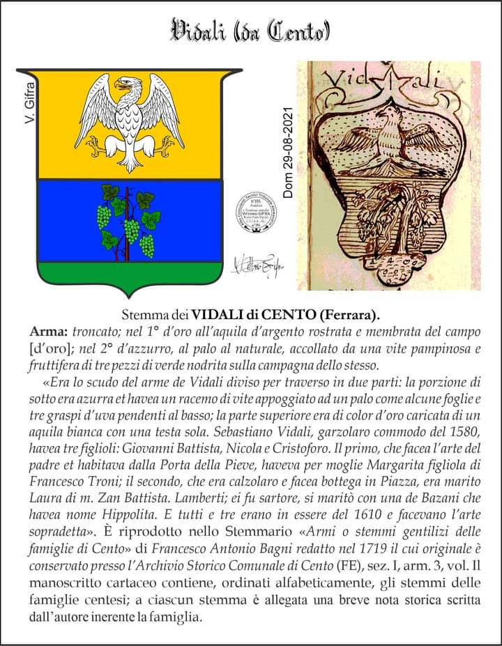 VGIFRA's tweet photo. Stemma dei #VIDALI di CENTO (Ferrara). 
Arma: troncato; nel 1° d’oro all’aquila d’argento rostrata e membrata del campo [d’oro]; nel 2° d’azzurro, al palo al naturale, accollato da una vite pampinosa e fruttifera di tre pezzi di verde nodrita sulla campagna dello stesso. https://t.co/ImnA9d5q86