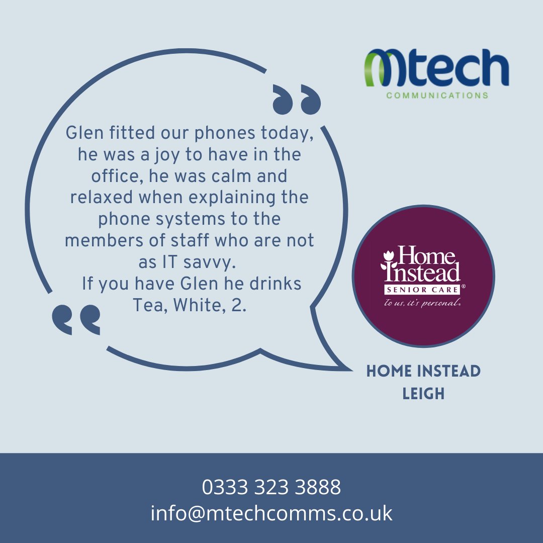 _mtechcomms_ (@mtechcomms1) on Twitter photo Another awesome review from Home Instead Leigh. Our team of professionals understand our systems with great knowledge so no matter how tech-savvy you aren't you can rest assured you'll understand how your system works 💚 Another awesome review from Home Instead Leigh. Our team of professionals understand our systems with great knowledge so no matter how tech-savvy you aren't you can rest assured you'll understand how your system works 💚