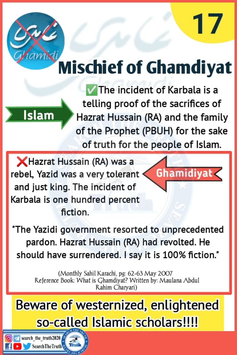 SearchTheTruth5's tweet photo. series # 1⃣7⃣
Ghamdiyat▶
❌Hazrat Hussain (RA) was a rebel,Yazid was a very tolerant and just king .The incident of Karbala is one hundred percent faction .....
#Mischief of #Ghamdiyat
#Beware of #westernized #enlightened #so_Collded https://t.co/eNlYmlQHo8