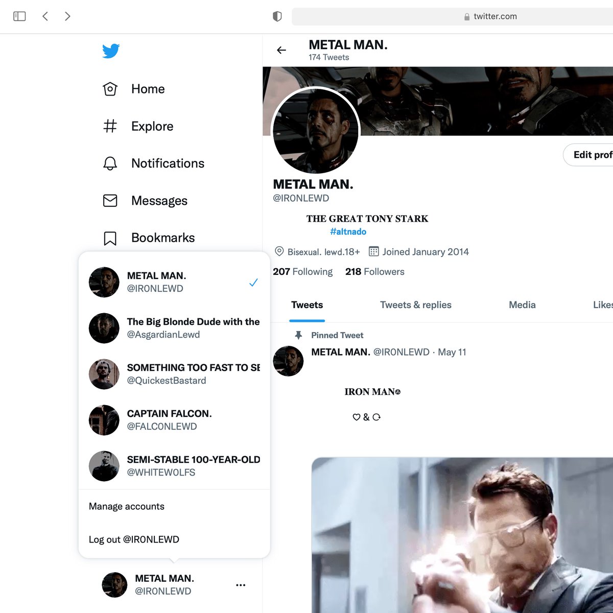 //active marvel accounts :
<a href="/SynthezoidBot/">The Most Sophisticated Sentient Weapon Ever Made</a> 
<a href="/CapsicleHero/">A SIMPLETON WITH A SHIELD.</a> 
<a href="/ThwipTingle/">WEB SPINNER.</a> 
<a href="/WHlTEW0LFS/">SEMI-STABLE 100-YEAR-OLD MAN</a>  
<a href="/WHlTEW0LFS/">SEMI-STABLE 100-YEAR-OLD MAN</a> 
(some are tagged )