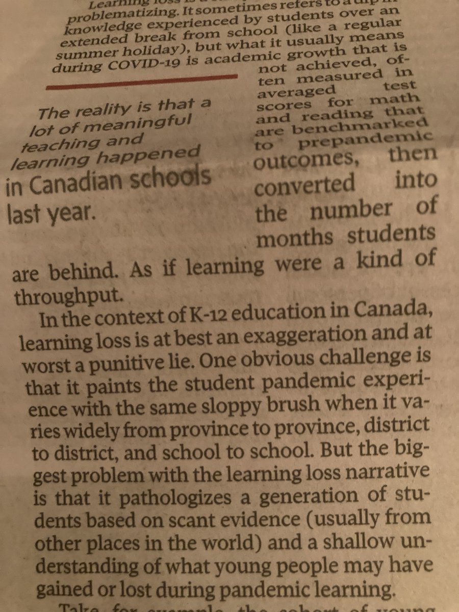 HargreavesBC's tweet photo. "Learning loss is at best an exaggeration and at worst a punitive lie". Excellent op ed in @globeandmail by @JoshFullan this weekend. @MichaelFullan1 @joelwestheimer @EducatorJess @mshagerman @dennisshirley https://t.co/ng5ZK1bvCi