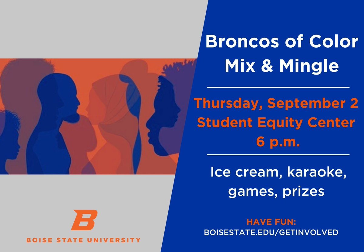 The Broncos of Color Mix &amp; Mingle is back! Join the Student Equity Center on September 2 at 6 p.m. for a night of ice cream, games, and conversation. Visit the link in our bio for more information on what will be at the event and how else to get involved around campus.