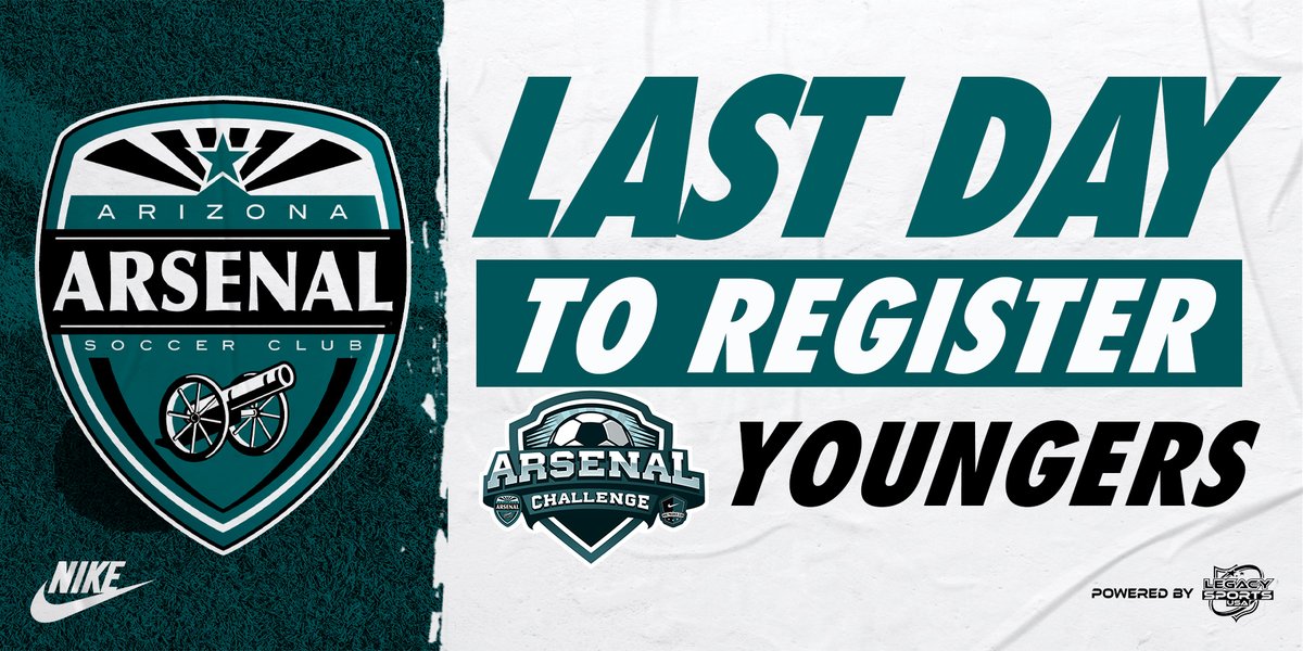 AZArsenalSC (@azarsenalsc) on Twitter photo TODAY is the deadline to register for our Arsenal Challenge Youngers weekend: Sept 24-26, 2021
DON"T MISS OUT!
See the below link:
azarsenalsc.org/events/arsenal…
<a href="/TopDrawerSoccer/">TopDrawerSoccer</a> <a href="/TheSoccerWire/">SoccerWire</a>
<a href="/ECNLgirls/">ECNL Girls</a> <a href="/ECNLboys/">ECNL Boys</a>
<a href="/USClubSoccer/">US Club Soccer</a>
<a href="/USYouthSoccer/">US Youth Soccer</a>
<a href="/AZSoccerAssoc/">Arizona Soccer Association</a>
<a href="/LegacySportsAZ/">Legacy Sports USA</a> TODAY is the deadline to register for our Arsenal Challenge Youngers weekend: Sept 24-26, 2021
DON"T MISS OUT!
See the below link:
azarsenalsc.org/events/arsenal…
<a href="/TopDrawerSoccer/">TopDrawerSoccer</a> <a href="/TheSoccerWire/">SoccerWire</a>
<a href="/ECNLgirls/">ECNL Girls</a> <a href="/ECNLboys/">ECNL Boys</a>
<a href="/USClubSoccer/">US Club Soccer</a>
<a href="/USYouthSoccer/">US Youth Soccer</a>
<a href="/AZSoccerAssoc/">Arizona Soccer Association</a>
<a href="/LegacySportsAZ/">Legacy Sports USA</a>