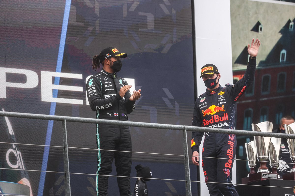 fia's tweet photo. #F1 - @Max33Verstappen scored his 1st #BelgianGP  victory after the race at @circuitspa was red flagged after just 3 laps behind the safety car. @GeorgeRussell63 took the 1st podium finish of his career with 2nd place while @LewisHamilton finished 3rd 🇧🇪⬇
https://t.co/gts5RD1S7q https://t.co/99TO8hmiyh