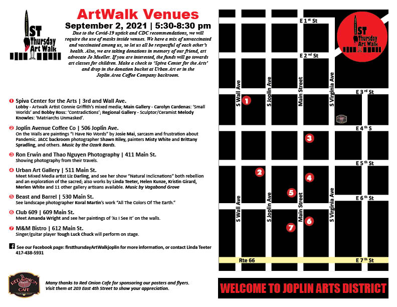 September is coming! 
I feel like every month goes faster than the last! Visit Joplin and kick off our most event-full month of the year with First Thursday ArtWalk.
bit.ly/3kz0psw
#JoplinRocks #TrekJOMO #JoplinArts
