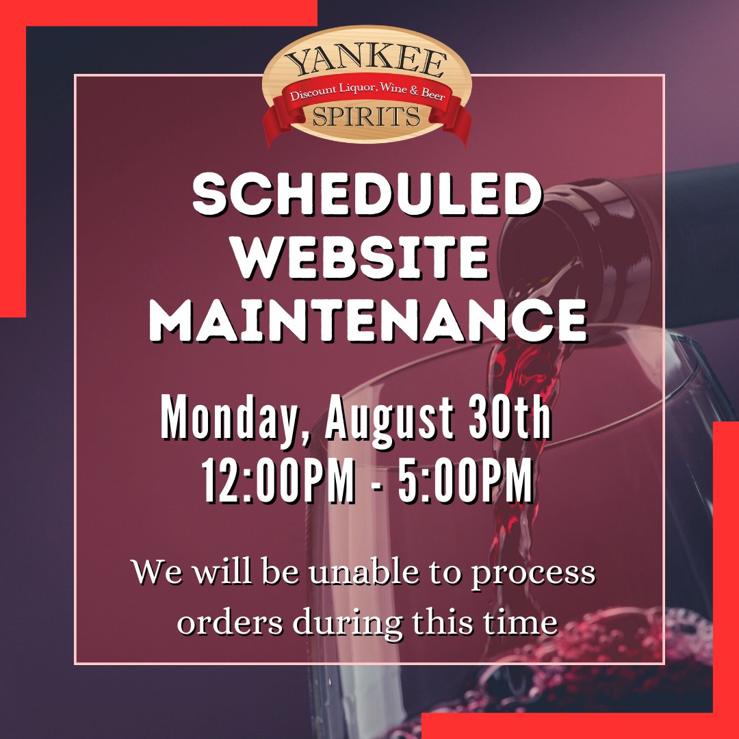 yankeestur's tweet photo. 🚨 ATTENTION YANKEE SPIRITS CUSTOMERS 🚨

Our website will be down for scheduled maintenance on Monday, August 30th from 12-5pm. We will be unable to process any orders during this time. We apologize for any inconvenience this may cause. https://t.co/zoCaetTQpZ
