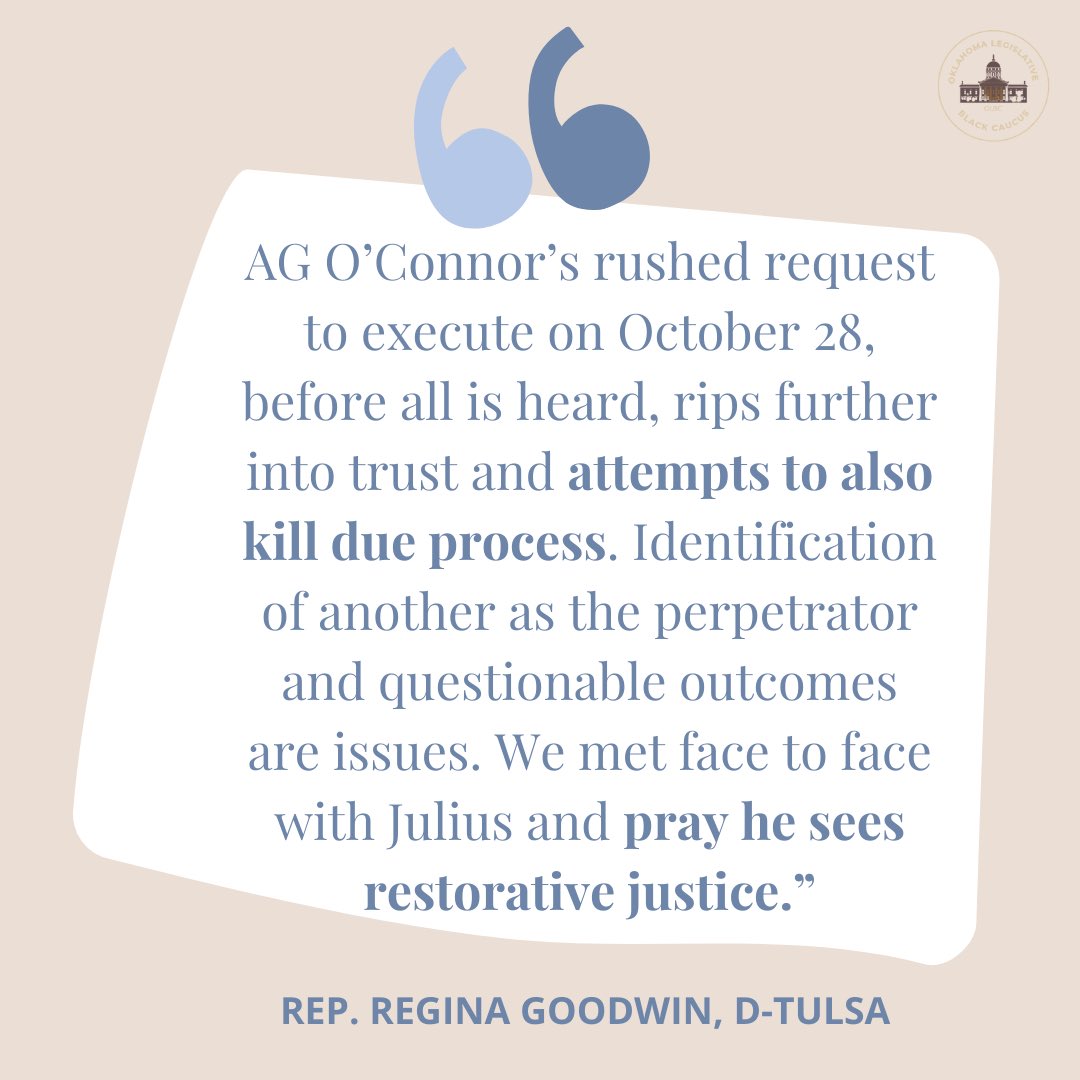 okblackcaucus's tweet photo. Today, Rep. Jason Lowe and Rep. Regina Goodwin released the following statements in response to the Oklahoma Attorney General requesting an execution date for Julius Jones prior to his September commutation hearing. Read the full release using the link in our bio. https://t.co/1ctBZB4Jhz