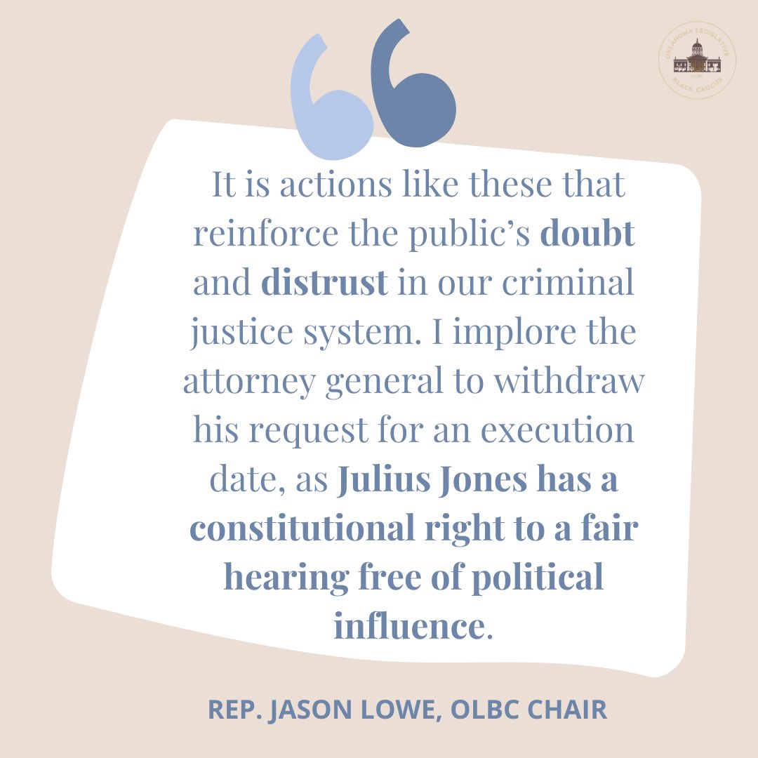 okblackcaucus's tweet photo. Today, Rep. Jason Lowe and Rep. Regina Goodwin released the following statements in response to the Oklahoma Attorney General requesting an execution date for Julius Jones prior to his September commutation hearing. Read the full release using the link in our bio. https://t.co/1ctBZB4Jhz