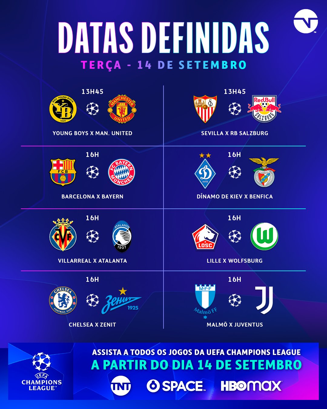 TNT Sports Brasil - HOJE TEM MAIS JOGÃO NA CHAMPIONS LEAGUE! Quais são os  seus palpites para as partidas da maior competição de clubes do mundo?  #CasaDaChampions