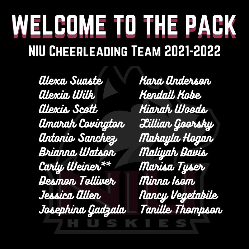 Now introducing your NIU Huskie Cheerleading team for the 2021-2022 season! Congrats to our Dogs! All cheerleaders, please make sure you’re checking your email for further information. ♥️🖤
