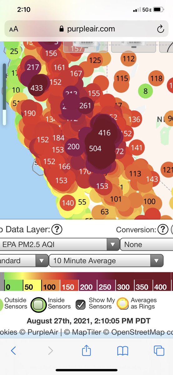 #Particlepollution (PM) is reaching dangerously unhealthy levels across much of CA yet again. 😭 I can smell smoke & see ash, so I’m inside with filtered air. If you must go out, wear an N95 😷 to protect yourself. #CAwildfires