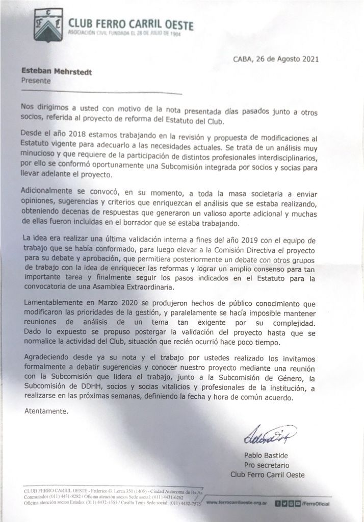 Ferro Carril Oeste on X: Carta del Club Ferro Carril Oeste a la