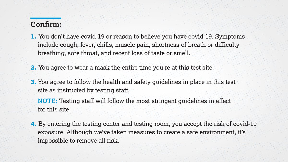 CollegeBoard's tweet image. August SAT takers will need to confirm these statements before entering the test center. If you feel sick or cannot confirm all these statements, please stay home and contact customer service. You won’t be charged a change or cancellation fee. spr.ly/6014ytkzy