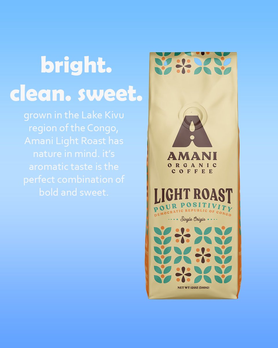 Bright. Clean. Sweet.

Grown in the lake Kivu region of the Congo, Amani Light Roast has nature in mind. It's aromatic taste is the perfect combination of bold and sweet.

#Amani #AmaniCoffeeCompany #business #coffeecompany
#peace #change #mission #lightroast #pourpositivity