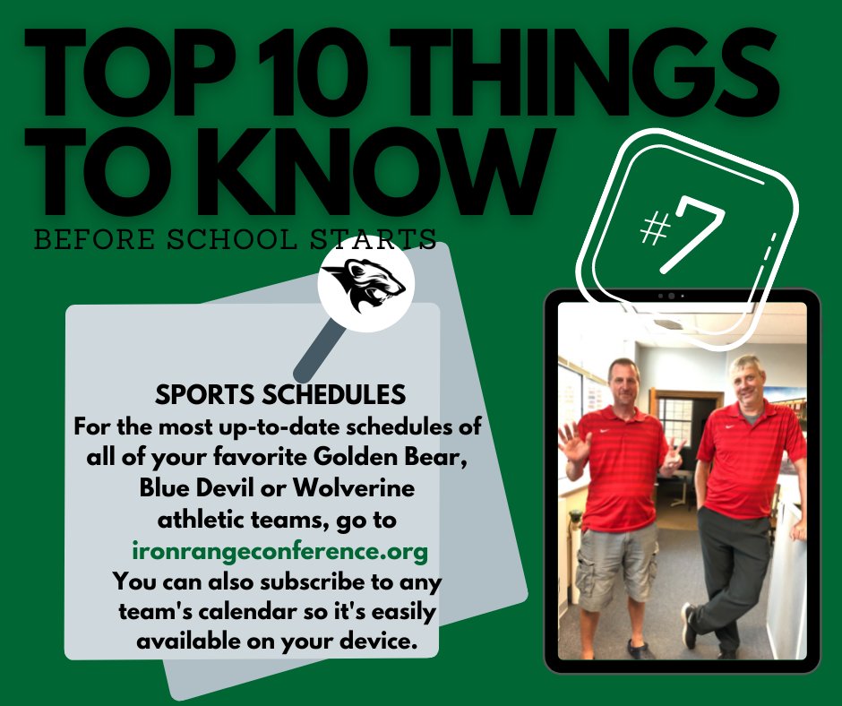 Athletic Directors Josh Lamppa and Chad Hazelton want to make sure that your calendar always 'MATCHES' the IRC calendar 🤣! Always double check at ironrangeconference.org/g5-bin/client.… for any postponements, cancellations, time or location changes! #10ThingsToKnow