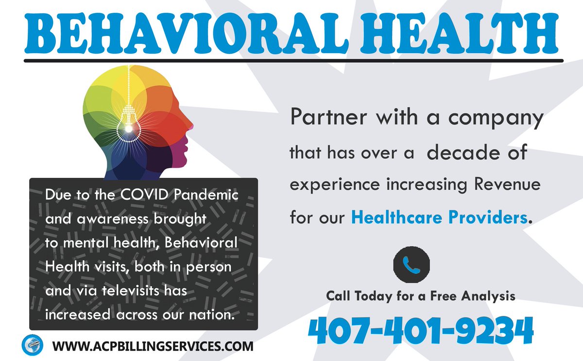 acpbillingusa's tweet photo. Behavioral health

Partner with a company that has over a decade of experience increasing Revenue for our Healthcare Providers. 

Call Today for a Free Analysis
407-401-9234

#Behavioralhealth #medicalbillingservices #medicalbilling https://t.co/4kjxaSUEkf