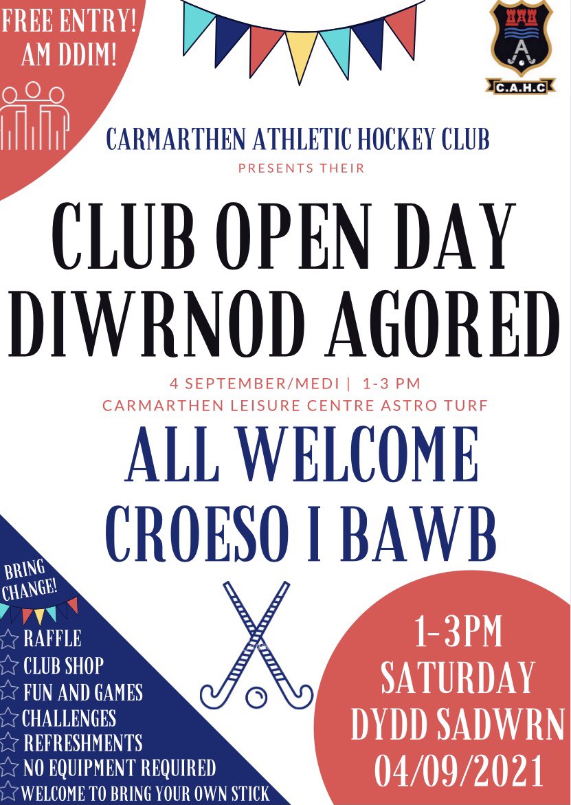CLUB OPEN DAY🏑
DIWRNOD AGORED CLWB🏑

Saturday 4th September
Dydd Sadwrn 4ydd Medi

1-3pm

Bring your family and friends along to join in on the fun and games🌟

Please share as far as possible to encourage new and current members to come along - EVERYONE WELCOME❤️🖤